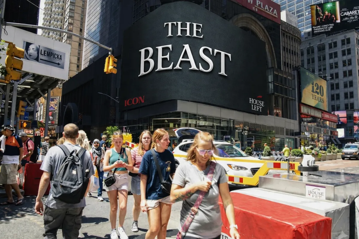 Mock-up of a curved corner screen in Times Square reading The Beast, with the House Left logo, above a sunny street crowd.