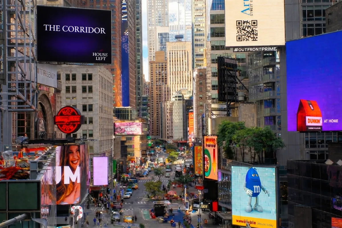 Mock-up of a billboard reading The Corridor, with the House Left logo, high above a sunlit Times Square avenue full of ads.