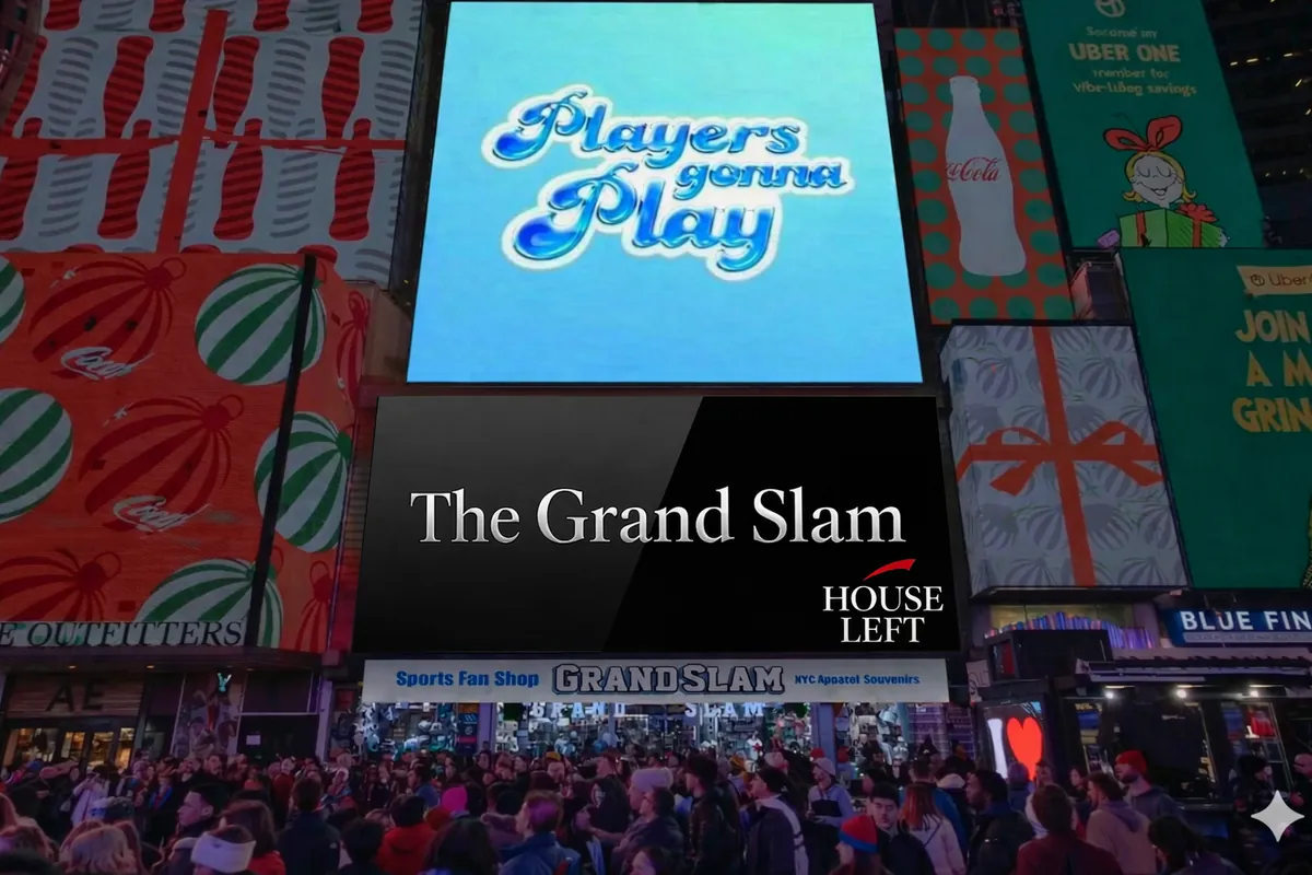 Mock-up of a screen reading The Grand Slam, with the House Left logo, above the Grand Slam shop on a crowded Times Square night.