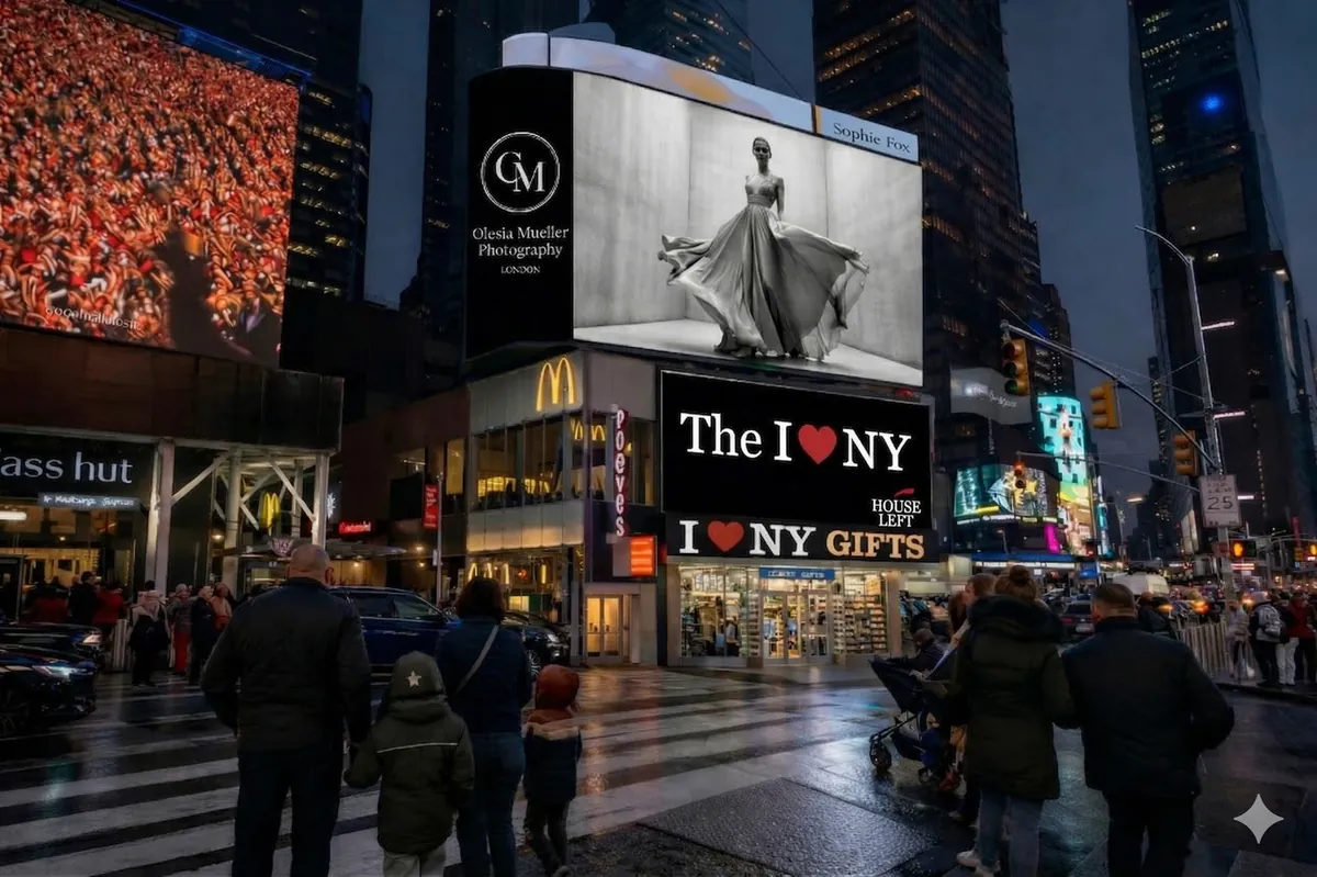 Mock-up of a Times Square corner at dusk: a black-and-white fashion photograph above a screen reading The I Love NY, with the House Left logo.