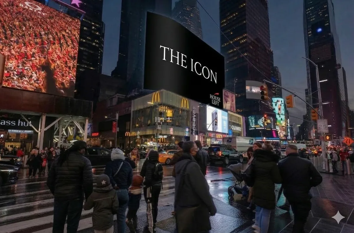 Mock-up of a screen reading The Icon, with the House Left logo, above a rainy Times Square corner at dusk.