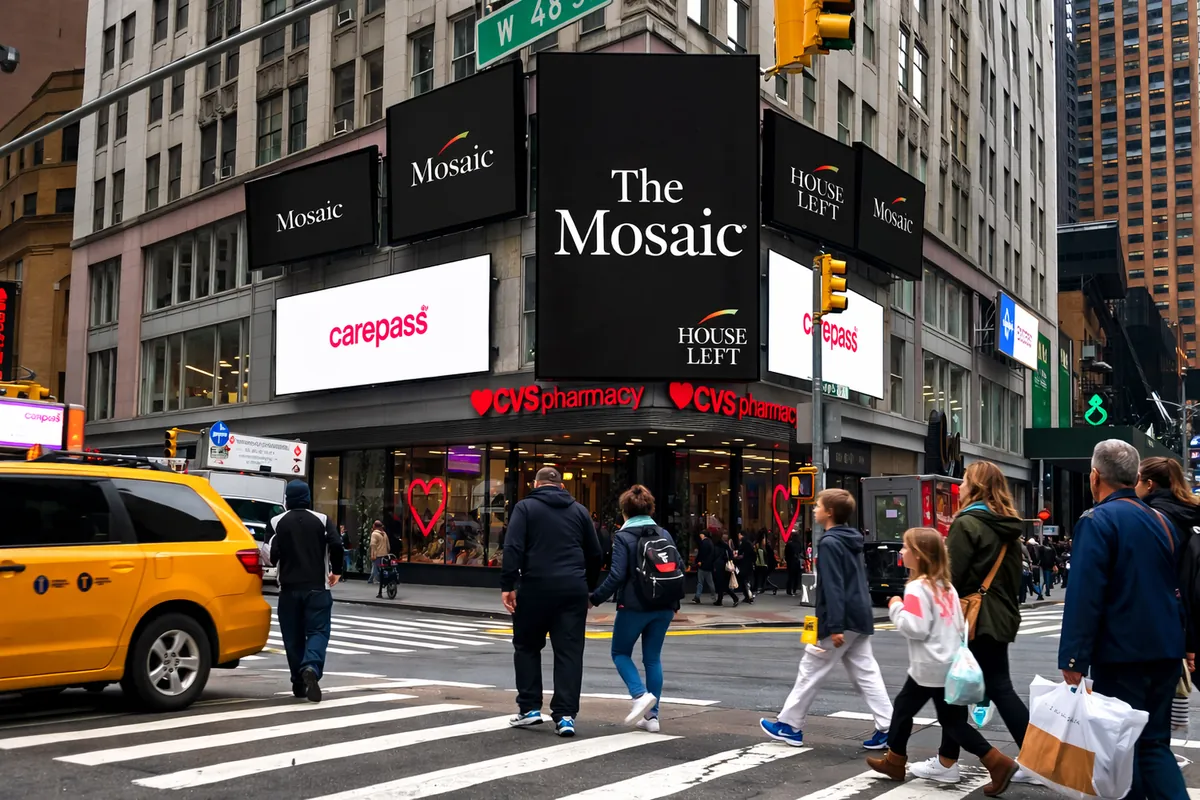 Mock-up of five screens above a Times Square street corner, the largest reading The Mosaic, with the House Left logo.
