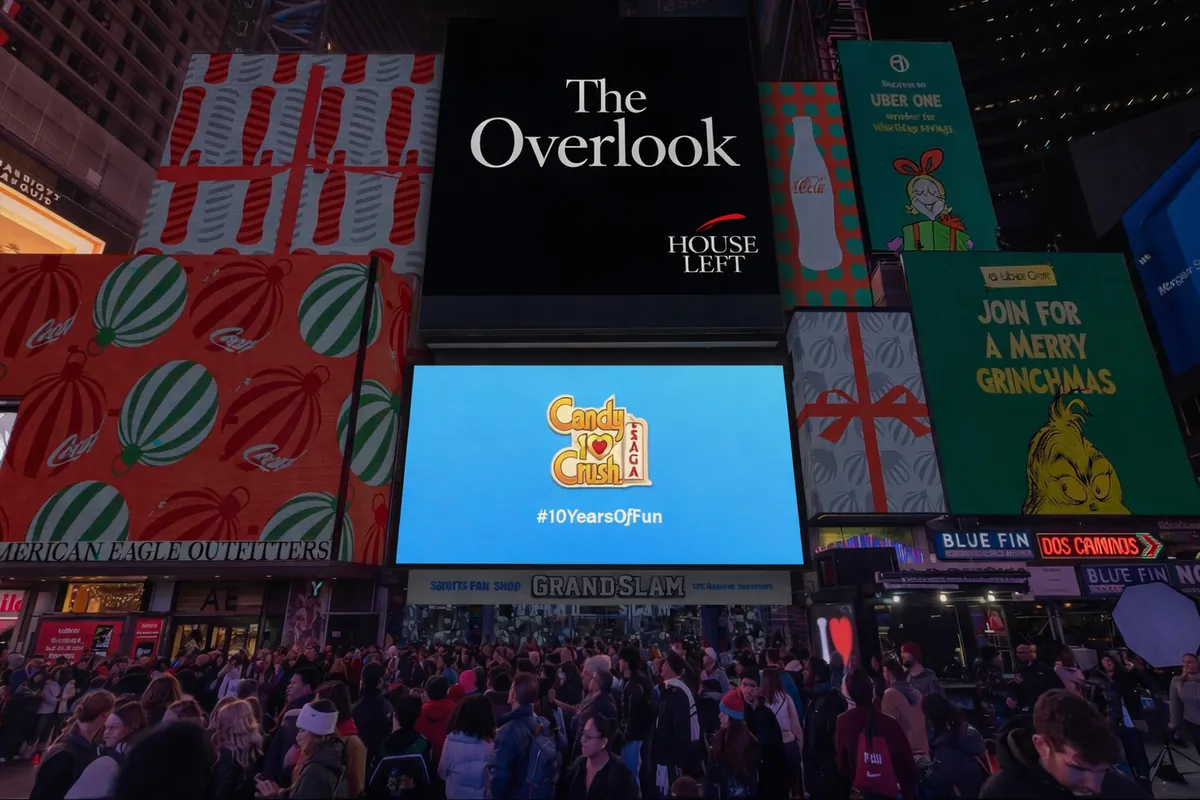 Mock-up of a screen reading The Overlook, with the House Left logo, above a crowd in Times Square at night.