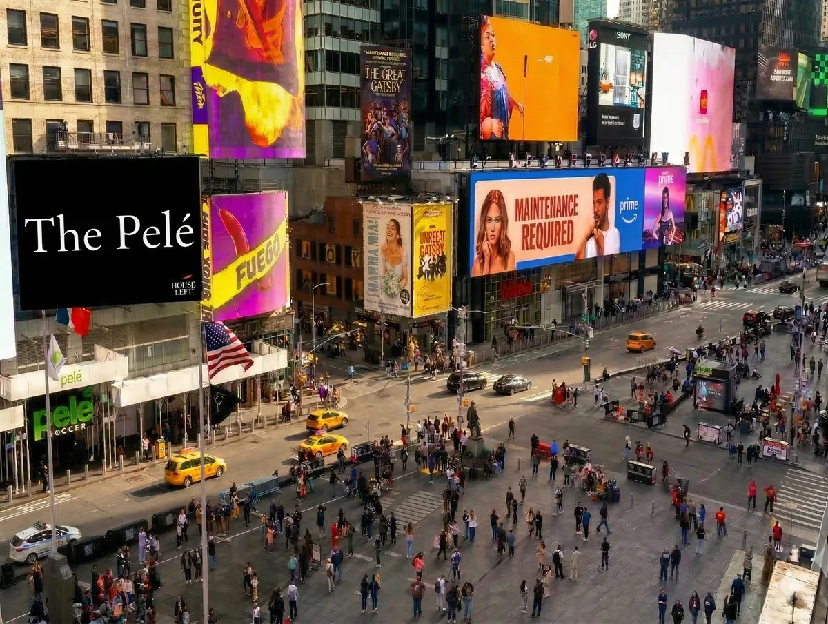 Mock-up of a screen reading The Pelé, with the House Left logo, above the Pelé Soccer store and a busy sunlit Times Square plaza.
