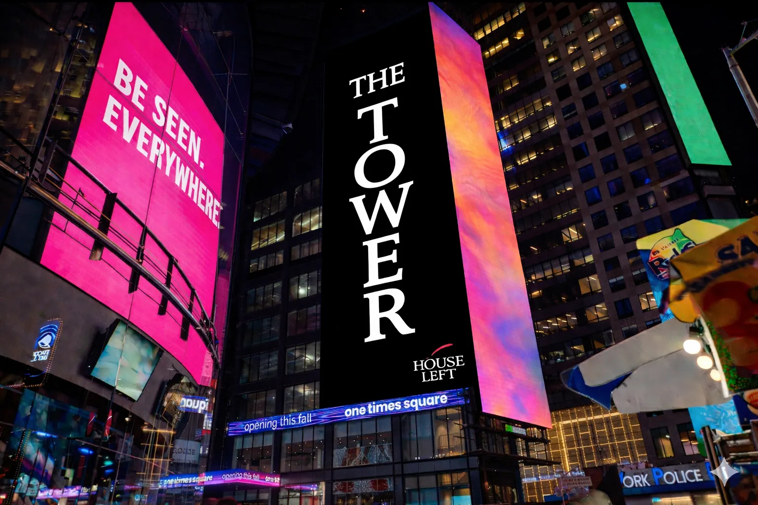 Mock-up of a tall vertical screen reading The Tower, with the House Left logo, at One Times Square at night.