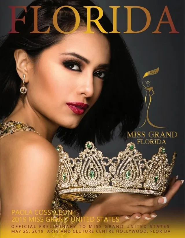 Cover of the 2019 Miss Grand Florida program: a titleholder holds a jewelled crown under a red-and-gold FLORIDA title.